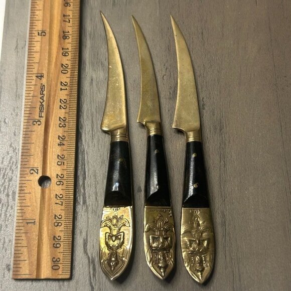 Vintage Siam Thailand Buddha Brass & Teak Wood 1950s MCM Mini Flatware Knife Set - Picture 2 of 3